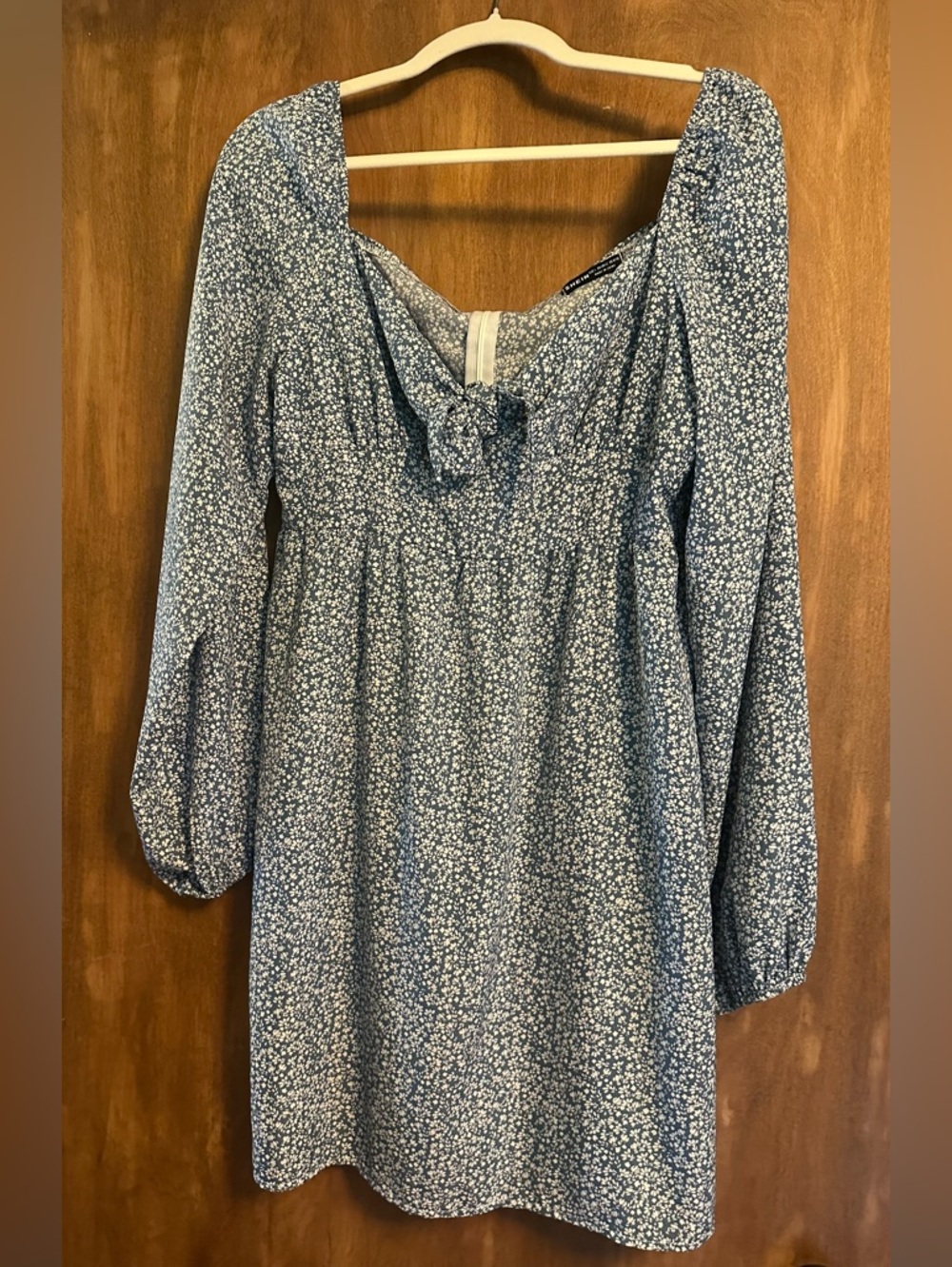 SHEIN Blue Ditsy Floral Long-Sleeve Mini Dress with Front Bow